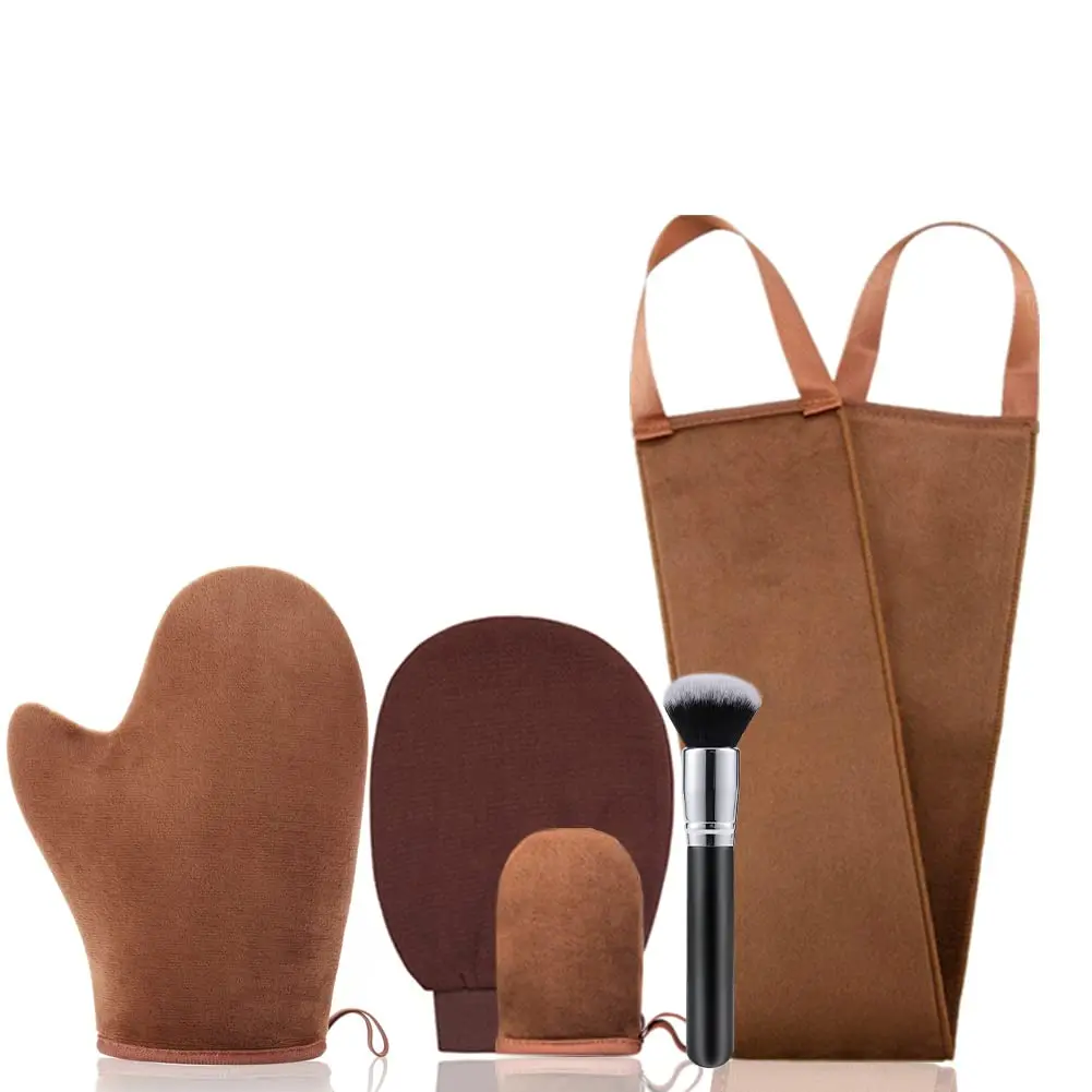 5-Piece Velvet Fiber Self Tanner Applicator Kit for a Streak-Free Tan, with Back Applicator, Face Brush, and Cleansing Exfoliating Glove, 5-Piece Kit