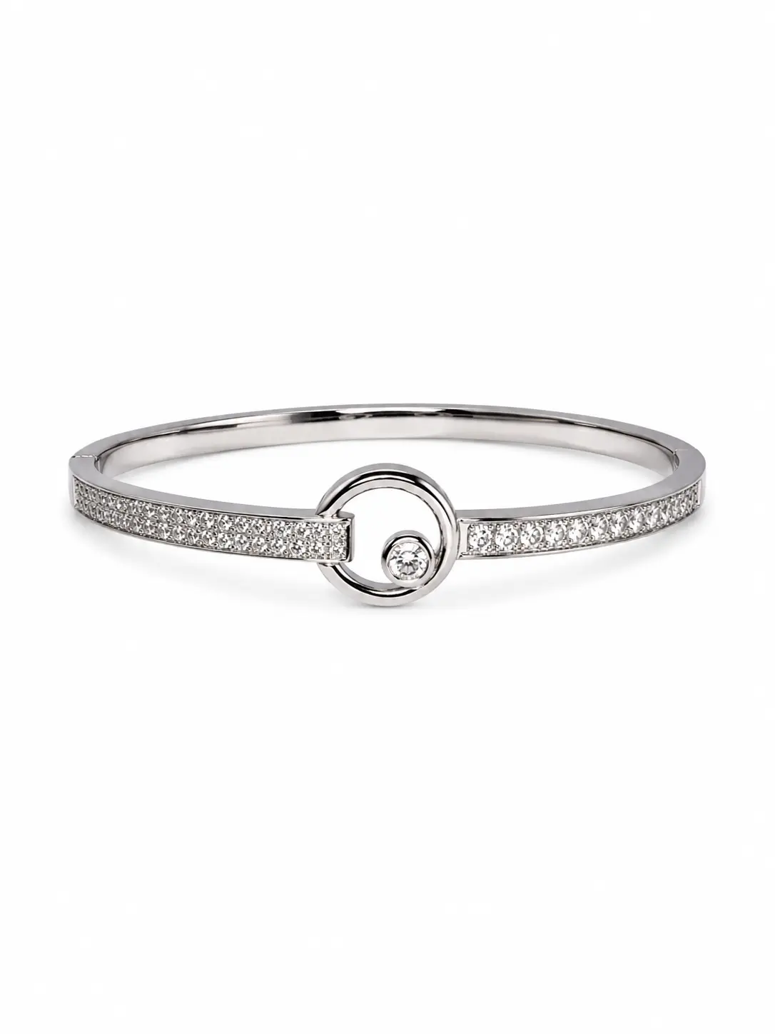 Women's Silver-Tone Swirl Center Bangle Bracelet with Clear Stone Accents, Slim Alloy Fashion Jewelry
