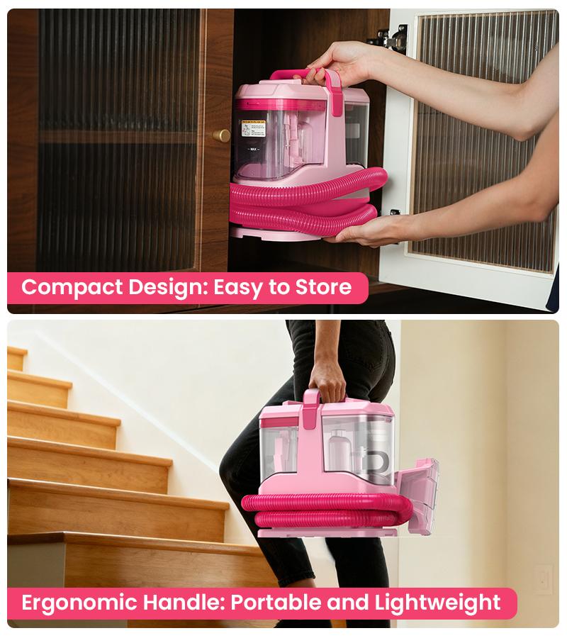 [NewYearSale!] Upholstery Carpet Vacuum Cleaner, 18KPa Suction Spot Cleaning Machine for Pet Stains, Carpets, Sofa, Car Seats, Mattress, with 3 Multipurpose Cleaning Tools, 6'' Deep Cleaning Brush | Portable 3-in-1 Little Pink C9S