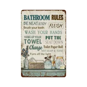 Vintage Metal Tin Sign "Bathroom Rules" - Retro Farmhouse Wall Decor for Bathroom, Washroom - Family House Rules Gift