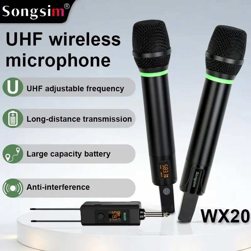 Songsim-WX20 Dual UHF Wireless Dual Mic Set - Premium Metal Build, Precise Pickup, Long Battery Life, 6.35mm/3.5mm Plug-and-Play Jacks, Ideal for Singing, Speeches, Weddings