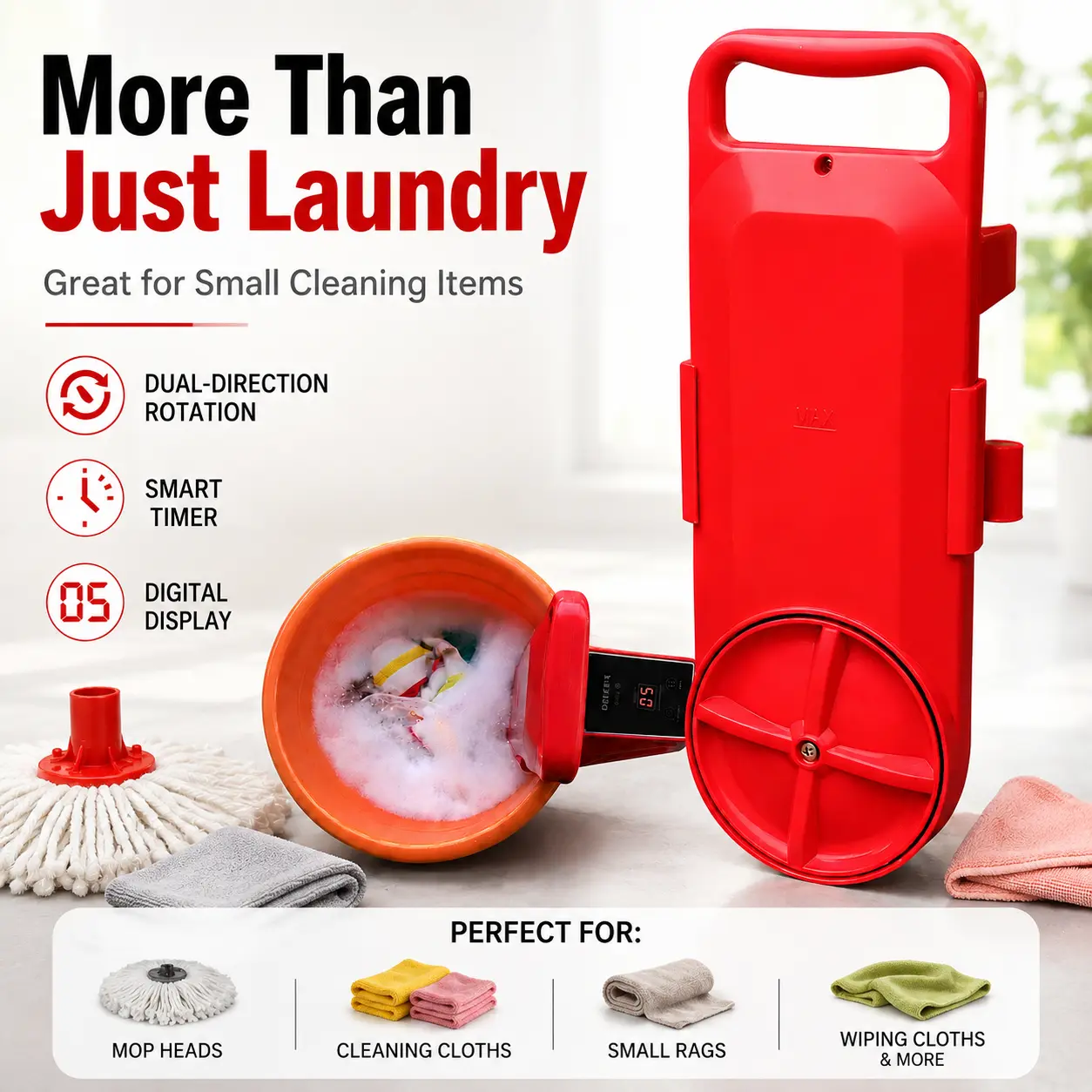 Portable Smart Rotating Compact Washing Machine [Bucket Not Included] - 110V Plug, 150W Rated Electric Bucket Washer with Digital Timer, Dual-Direction Rotation for Underwear, Baby Clothes, Dorm & Travel