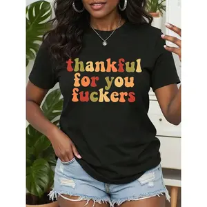 Women's Grateful For You Fuckers Tee Multicolor Fall Leaves Print Thanksgiving Fashion Round Neck Short Sleeve Top
