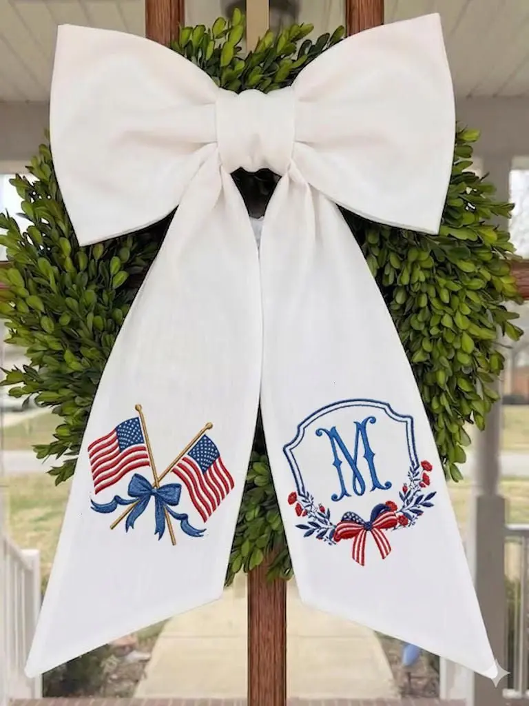 Embroidered Initial Letter Wreath Sash, Custom Patriotic Americana Monogram Decor, 4th of July Decoration, 250th Anniversary Americana Home Gift