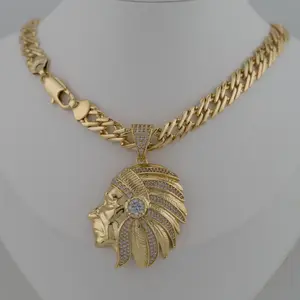 Mens Chief Head Necklace - Spanish Link - 14K Gold-Plated