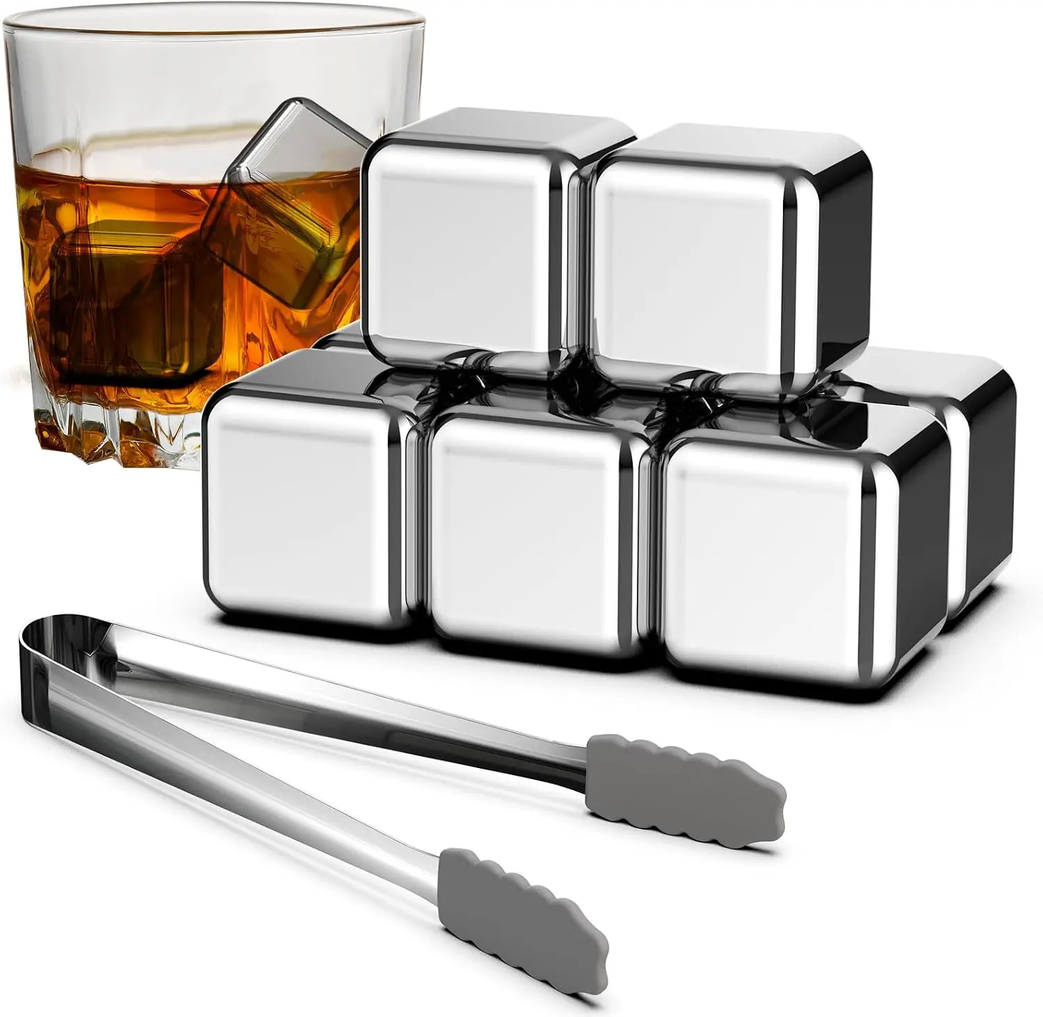 Stainless Steel Ice Cubes for Drinks 8/6 PCS, Reusable Chilling Whiskey Stones for Wine, Cocktails, Juice & Beverages, Odorless Metal Ice Cubes with Ice Tong and Storage Box