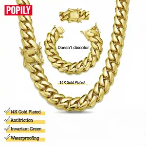 14K Gold-Plated Men's and Women's Cuban Chain Necklace and Bracelet Set Stainless Steel Base Miami Hip-Hop Style Jewelry 8/10/12/14/18/20/22MM Mother's Day Gifts