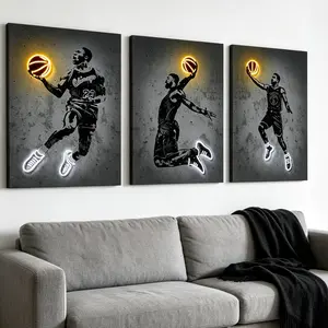 3-Piece Neon Basketball Player Canvas Wall Art, Framed Sports Star Poster Set, Modern Basketball Fan Decor for Living Room Bedroom Office