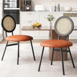 Aptliton Rattan Dining Chairs Set of 2, PU Leather Upholstered Kitchen Chairs with Round Back, Modern Side Chairs for Dining Room, Living Room, Bedroom