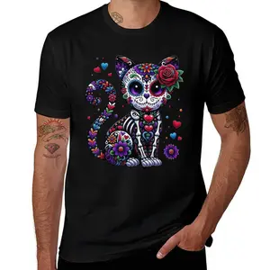 100% Cotton Unisex Dia of Los Muertos Cinco of Mayo Cat Sugar Skull Men Women T-Shirt Cotton Unisex Graphic T-Shirt Crew Neck Blouse Cotton T-Shirt Top Womenswear Tshirt Streetwear