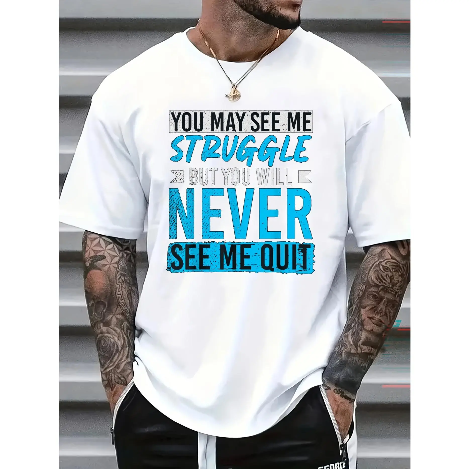 Men's T-Shirts with 'Never Give Up' Slogan 100% Cotton Round Neckline Casual Summer Fashion Gift for Daily Wear