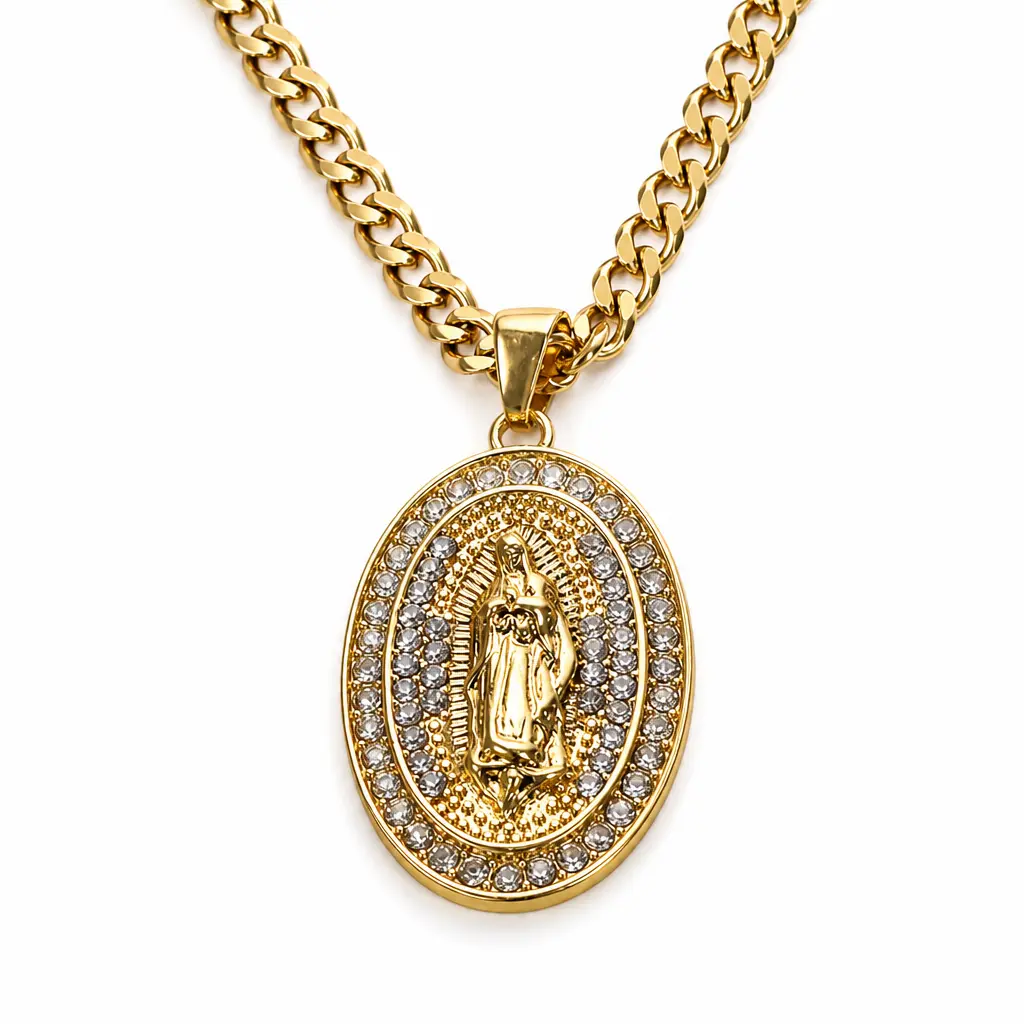 Gold-Tone Our Lady of Guadalupe Oval Medallion Necklace with Clear Accent Halo & Cuban-Style Chain