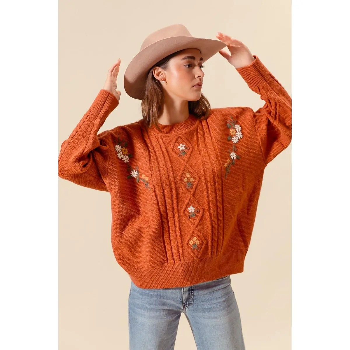 SO ME Embroidered Flower Cable Knitted Sweater