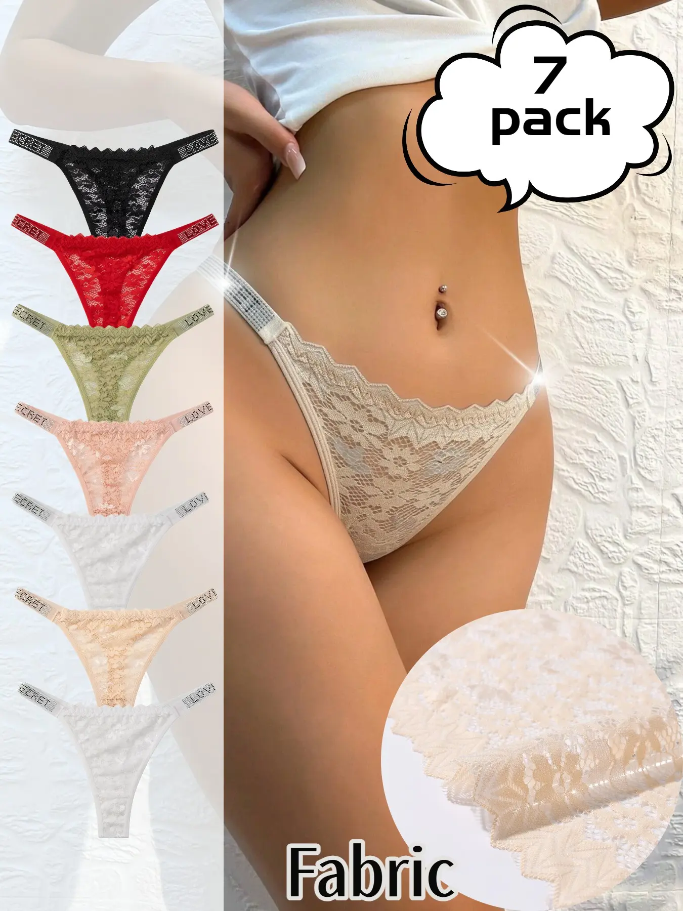 Sexy Rhinestone Letter Waistband Thong Panties for Women, Transparent Sheer Floral Lace Design, Versatile Four-Season Lingerie Underwear, 7-Piece Set, Lace Fitted Panty