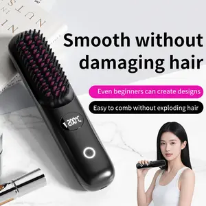 Wireless Negative Ion Hair Straightener Comb, Dual-Use for Straight and Curly Hair, Portable Lightweight Anti-Static Brush, Rechargeable, Perfect Gift for Women