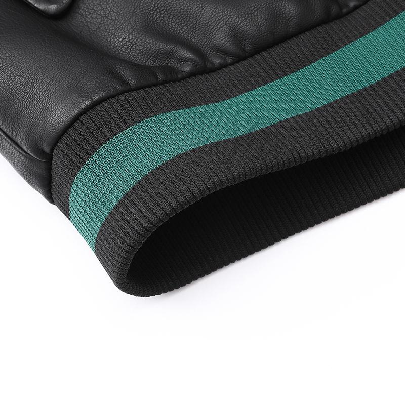 Men's Black PU Leather Bomber Jacket - Contrast Green Stripes & Embroidered Logo, Utility Arm Pocket Stylish Casual Fall Winter Coat