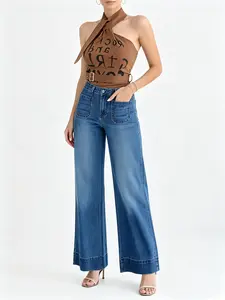 Retro Elegant High-Waisted Slim Straight Jeans   with high-end temperament and wide leg pants