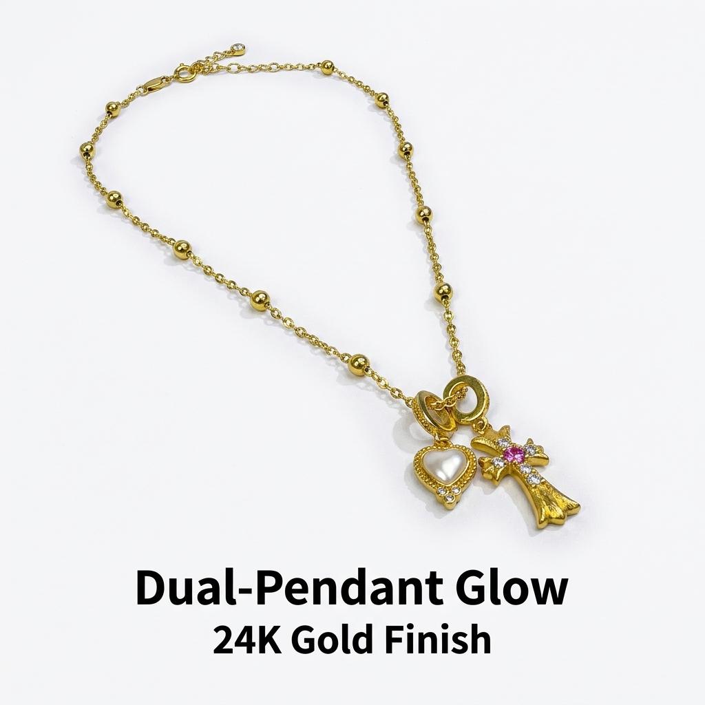 Pink Diamond Cross & Heart Shell Pendant Clavicle Necklace