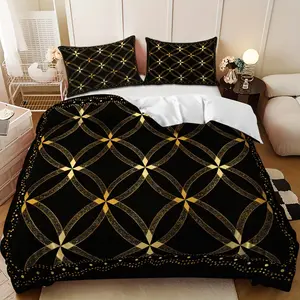 Bedding Set - 3PCS Black and Gold Geometric Diamond Pattern Down Comforter Set (1 comforter cover + 2 pillowcases, filling not included) - A perfect gift for family and friends. Soft and comfortable, suitable for family bedrooms and guest rooms.
