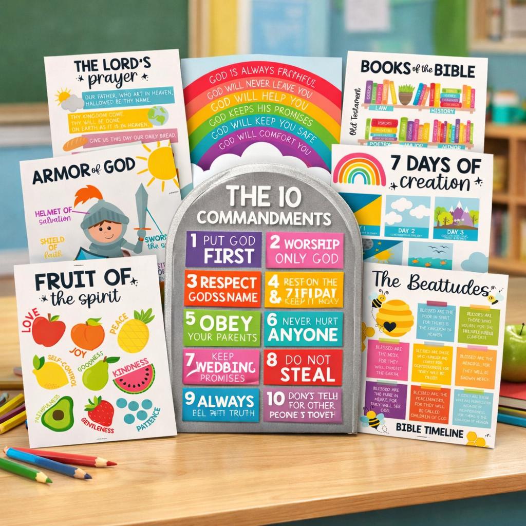 Bible Posters Set of 9 Sunday School Classroom Decoration Sticker Learning Tool