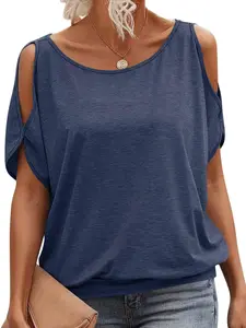 Women's Fashion Casual Off-Shoulder Round Neck Solid Color Loose Fit T-Shirt Top, Stylish Summer Wear, Comfortable, Lightweight and Versatile