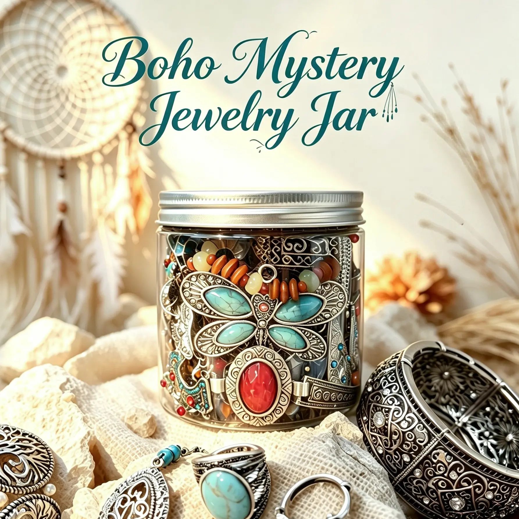 Jollyhit Silver Boho Mystery Jewelry Jar – 24PCS Bohemian Aesthetic Jewelry Set with Rings, Earrings, Necklaces & Bracelets