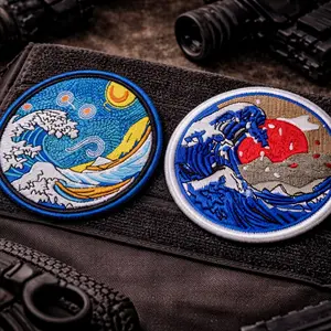 2PCS Japanese Wave Velcro Patch Set – Tactical Unique Embroidery Hook & Loop Morale Badge for Backpack Jacket Hat