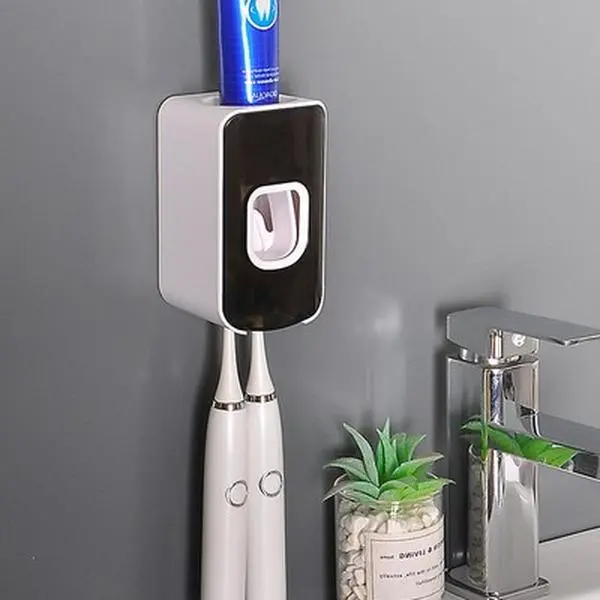 Durable Wall-Mounted Toothbrush Holder with Silicone Cover - Punch-Free Self-Adhesive ABS Plastic Bathroom Organizer, Automatic Toothpaste Squeezer, Multifunctional Storage Rack for Bathroom, Shower