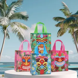12pcs/24pcs Summer Island Style Non-Woven Gift Bags, Hawaiian Totem Flower Print Multi-Color Handbags, Reusable Shopping Bags