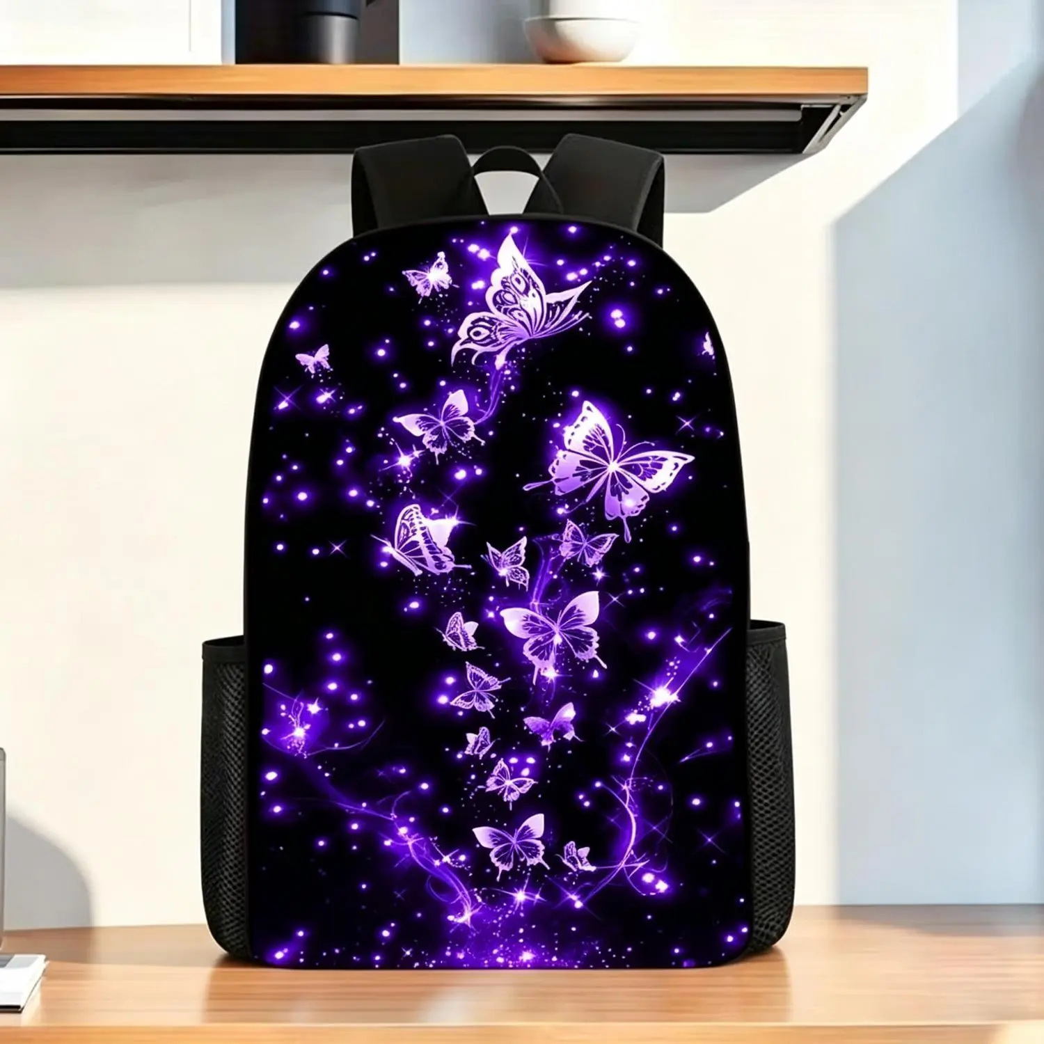 Spring Glowing Butterfly Appliqué School Backpack, Large Capacity Laptop Rucksack with Customizable Straps & Zip Closure, Polyester Lining Washable Bag for Daily Commute Travel, Xmas, Halloween, Thanksgiving & Graduation Holiday Gift