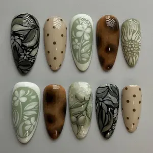 Vintage Sage Botanical Press On Nails | Hand Painted Floral Almond Set | Dark Academia Tortoiseshell Fake Nails