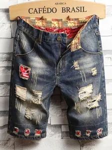 Men's Summer American Vintage Ripped Patch Denim Shorts, Streetwear Trendy Plaid Lining Casual Five-Quarter Jeans, Jeans Bottom