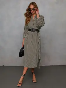 2026 New Fashion Striped Belt Long Sleeve V-Neck Midi Dress, Spring & Fall Latest Style, European & American Design, Trendy Women's Clothing Casual Elegant Striped Maxi Shirt Dress | French Chic Slimming Lantern Sleeve Midi for Office & Vacation