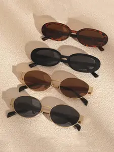 4pcs Oval Shaped Plastic Frames with Trendy Metal Accents, Fashionable Decorative Glasses for Parties & Street Photography, Unisex Stylish Eyewear