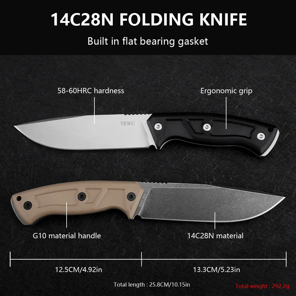 Full Tang Fixed Blade Knife with G10 Handle and Stone Finish, 14c28n Steel Survival Tactical Tool for EDC, Includes Kydex Sheath