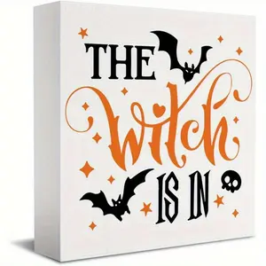 Christmas Halloween Decoration，Cute Halloween Desk Decor, Halloween Decorations Indoor Signs Witch Bat Decor, The Witch Is In Sign Home Office Desk Shelf Cubicle 5 x 5 inch