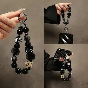 Luxury Black Plush Cat Beaded Wrist Chain, Multifunctional Hanging Ornament for Smartphone Keys Handbags, Fashion Vehicle Accessory & Birthday Present