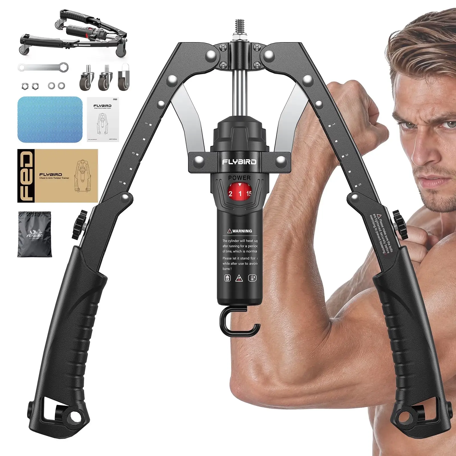 FLYBIRD 2-In-1 Twister Arm Trainer with Ab Roller, Adjustable 22-440Lbs Chest Workout Equipment, Home Arm Exercise (Includes Backpack & Pad)