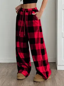 Women's Casual Fitted Adjustable Front Tie Plaid Pocket Long Pants, Comfortable and Stylish Trousers for Everyday Wear, Perfect for Relaxed