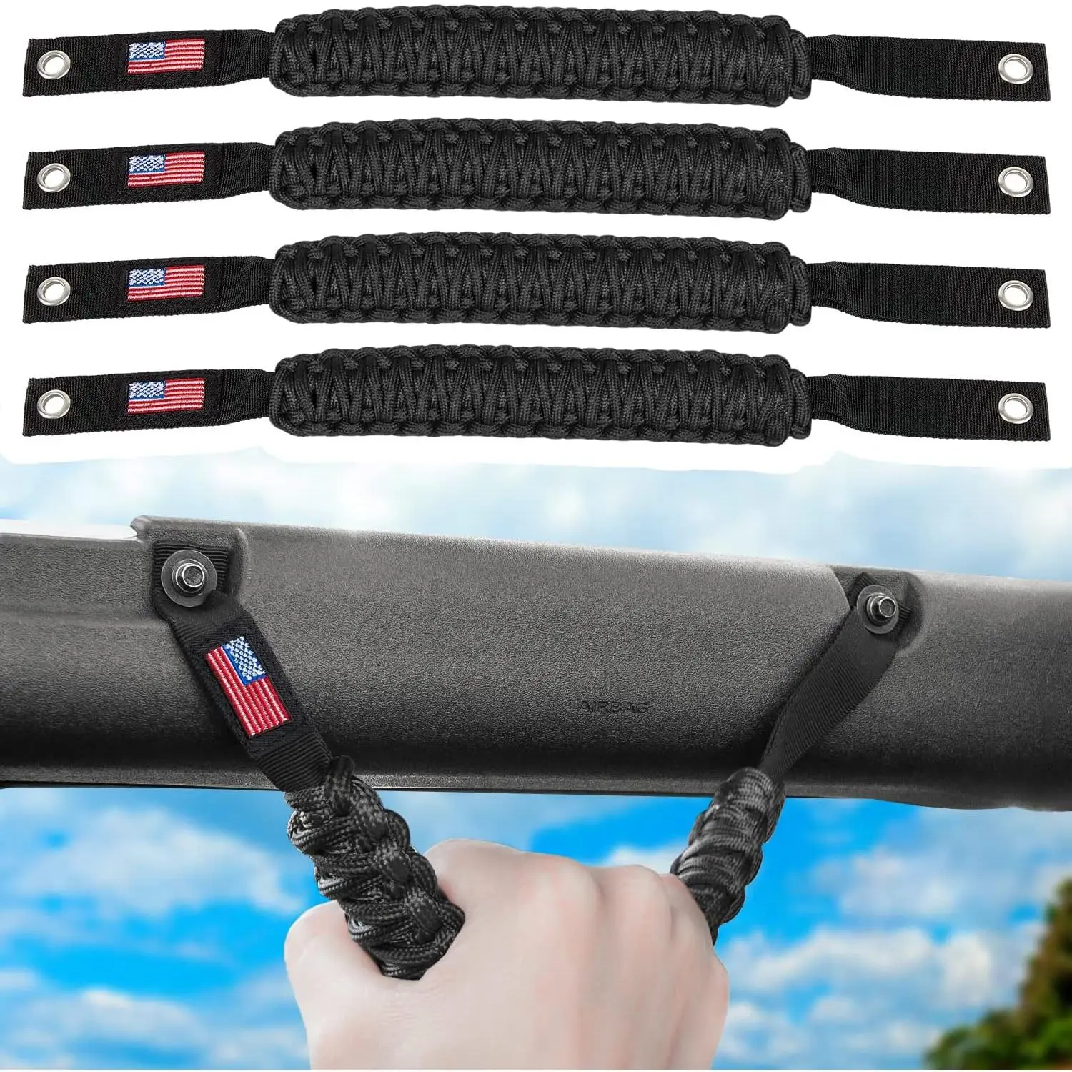 Premium Paracord Roll Bar Grab Handles with US Flag Design, Black 4-Pack Car Interior Grip Handles, Car Accessories & Auto Parts for 2021-2024 2-By/4-By Off-Road Vehicles, Accessories For Car
