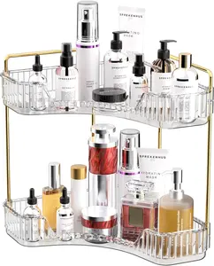 2-Tiers Corner Bathroom Counter Organizer, Clear Countertop Shelf Storage Rack, Cosmetic Perfume Tray Standing Holder with Gold Metal Pole, Skincare Sink Organizer for Vanity Kitchen Transparent Smooth