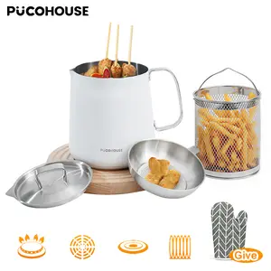 2L Food-Grade Stainless Steel Deep Fryer Set, Deep Fryer with Basket+Strainer+Lid, Multi-Stove Compatible, For French Fries/Christmas Snacks, Free Heat-Resistant Oven Mitt