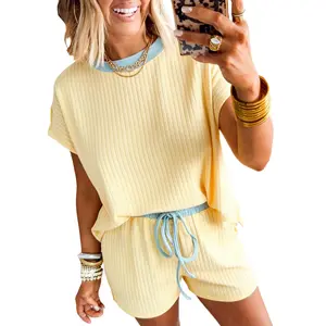 Mntaor Women's 2-Piece Yellow Cream Ribbed Short Set, Color Block Collar Top & Elastic Waist Shorts - Cute Casual Summer Womenswear Clothes for Dates, Hangouts