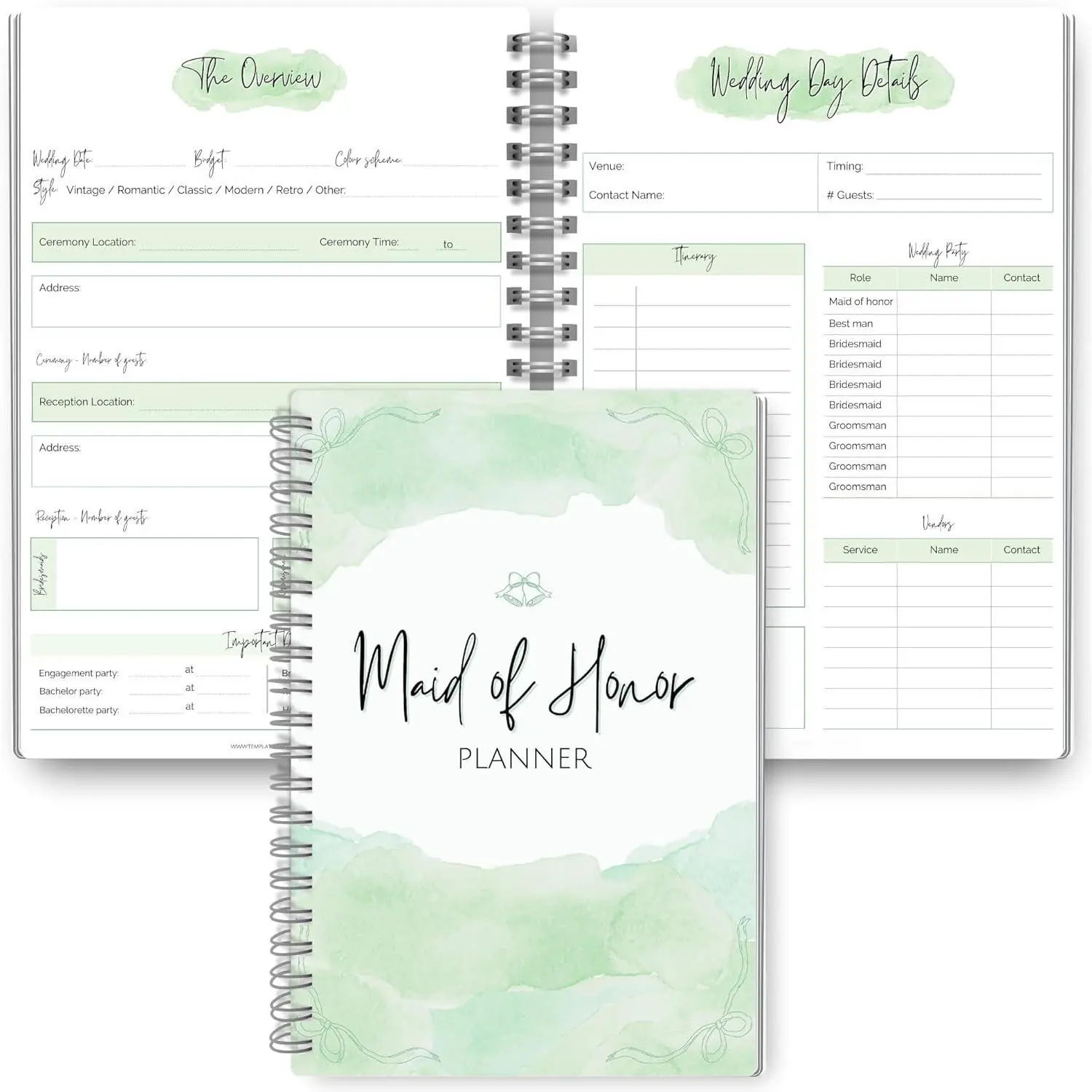 Maid of  Planner - Wedding Planning Organizer for Bridesmaids | Bachelorette & Bridal Shower | Matron of , 120gsm  Paper, Soft  Cover | Wedding Checklists &  | A5 (Green)