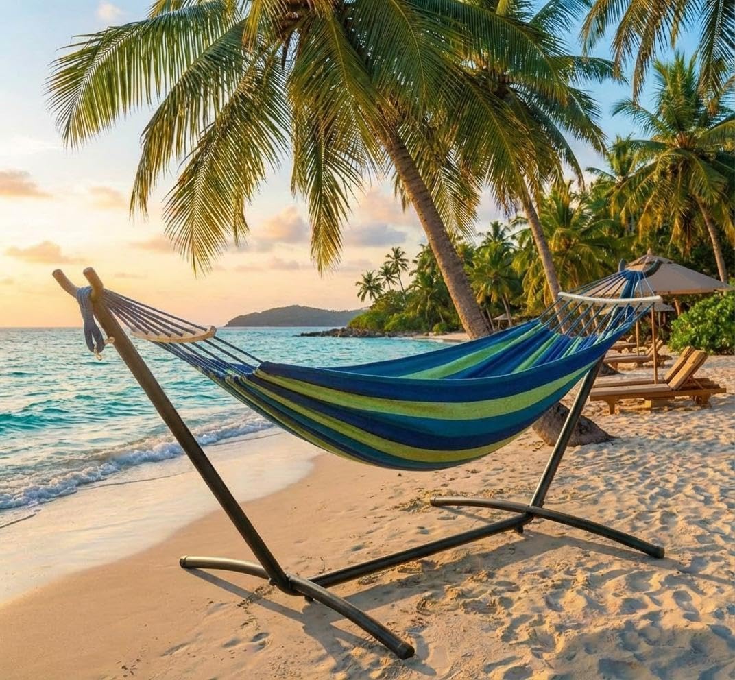 Garvee Double Hammock with Steel Stand, 2-Person Portable Indoor/Outdoor Hammock Set - Space-Saving Heavy-Duty Frame, Easy Assembly, Carrying Bag, 450 lb Capacity - Rainbow Stripes Garvee Double Hammock with Steel Stand, 2-Person Portable Indoor/Outdoor Hammock Set - Space-Saving Heavy-Duty Frame, Easy Assembly, Carrying Bag, 450 lb Capacity - Rainbow Stripes