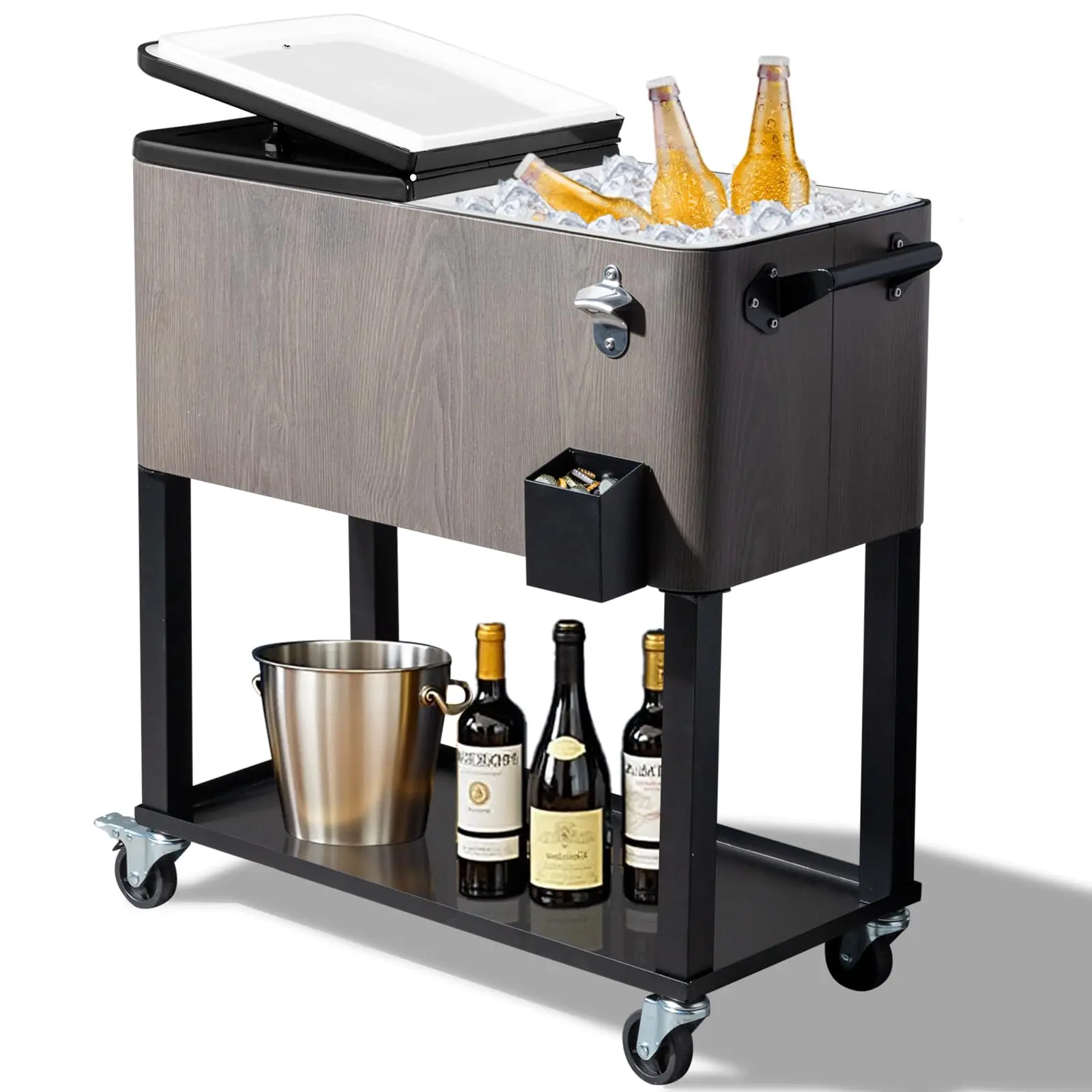 80 Quart Rolling Ice Chest, Portable Bar Drink Cooler with Catch Basin, Bottom Storage Tray and Bottle Opener for Patio Party BBQ Beach Activities outdoor freezer