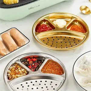 Stainless Steel Round Divided Plate, 4 Compartment Divided Dinner Plate, Portion Control Plate, Kitchen Accessories for Outdoor Camping