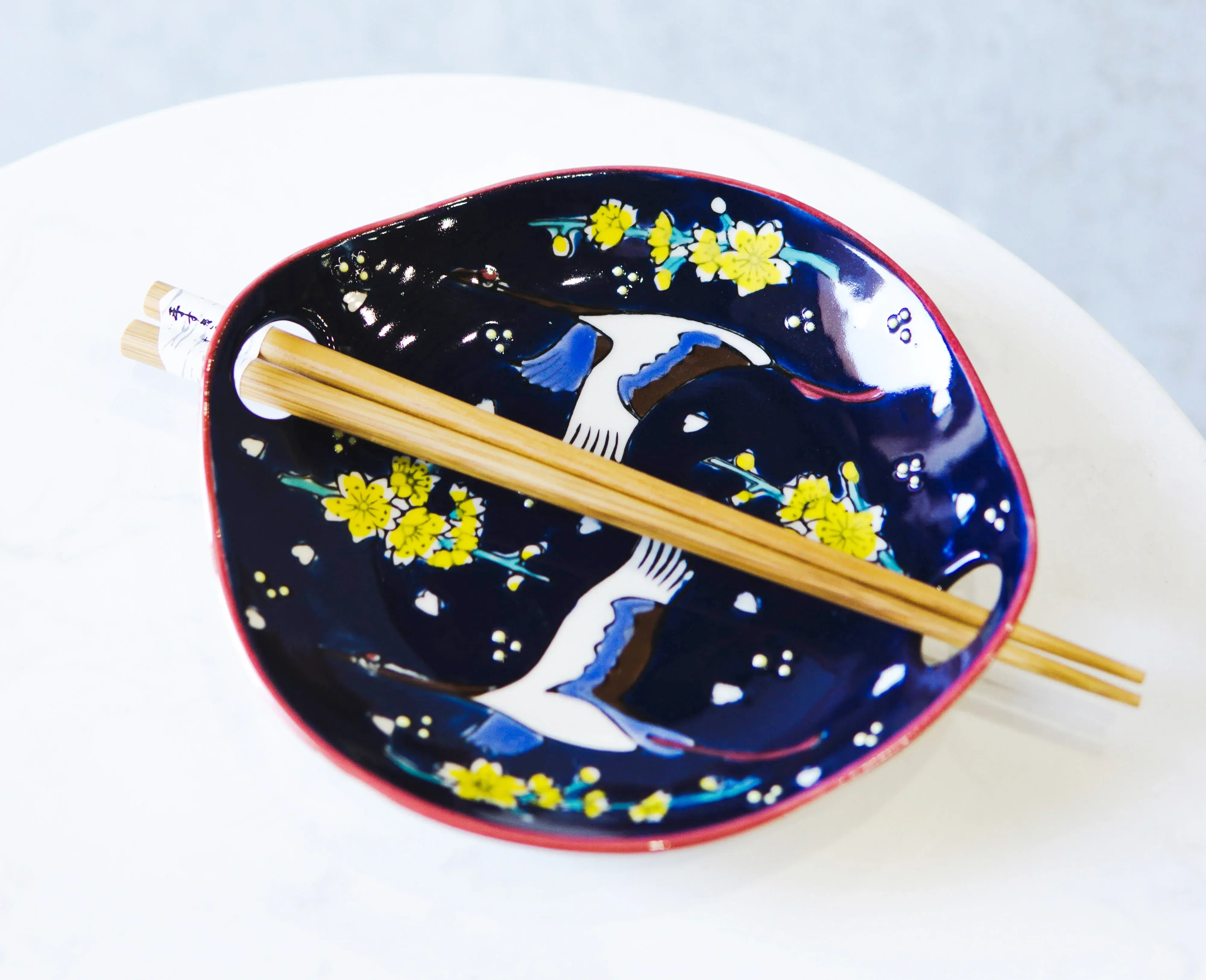 Traditional Pottery White Crane in Blue Sky Small Appetizer Coupe Plate & Flat Bowl Set with Bamboo Chopsticks, Home Supplies Tableware for Desserts