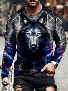 men's long sleeve T-shirt Wolf Galaxy Space Planets Stars autumn and winter 3D printing Printed short-sleeved T-shirt breathable, long-sleeved round neck, men's autumn breathable long sleeves leisure sports