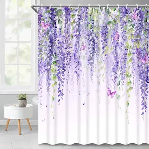 Purple Flowers Shower Curtain with Hooks,13pc Waterproof Fabric Bathroom Curtain, 72"X72"